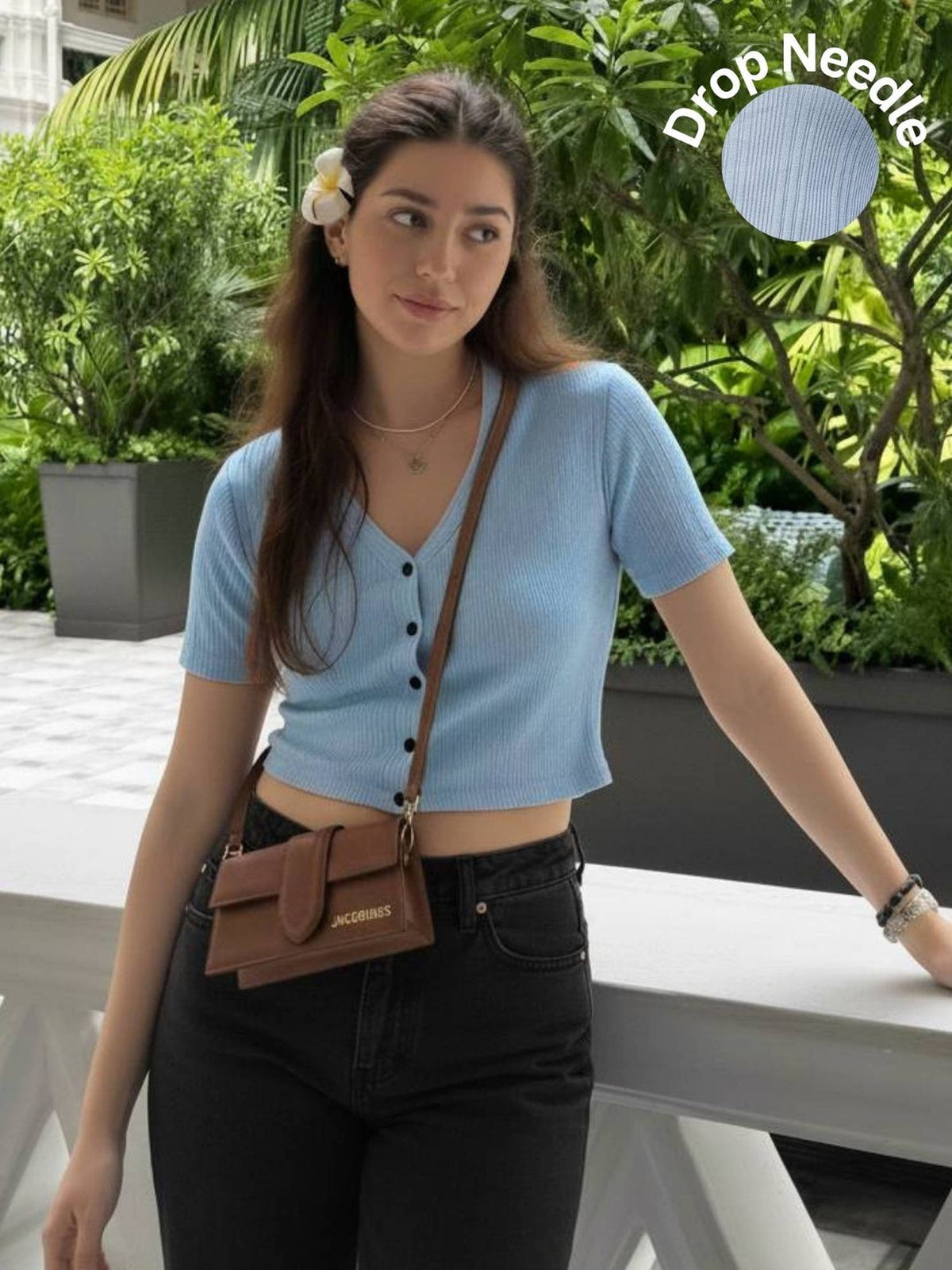 Women Steel Blue Solid Drop Needle Half Sleeves Crop Top | CT61 - view 1