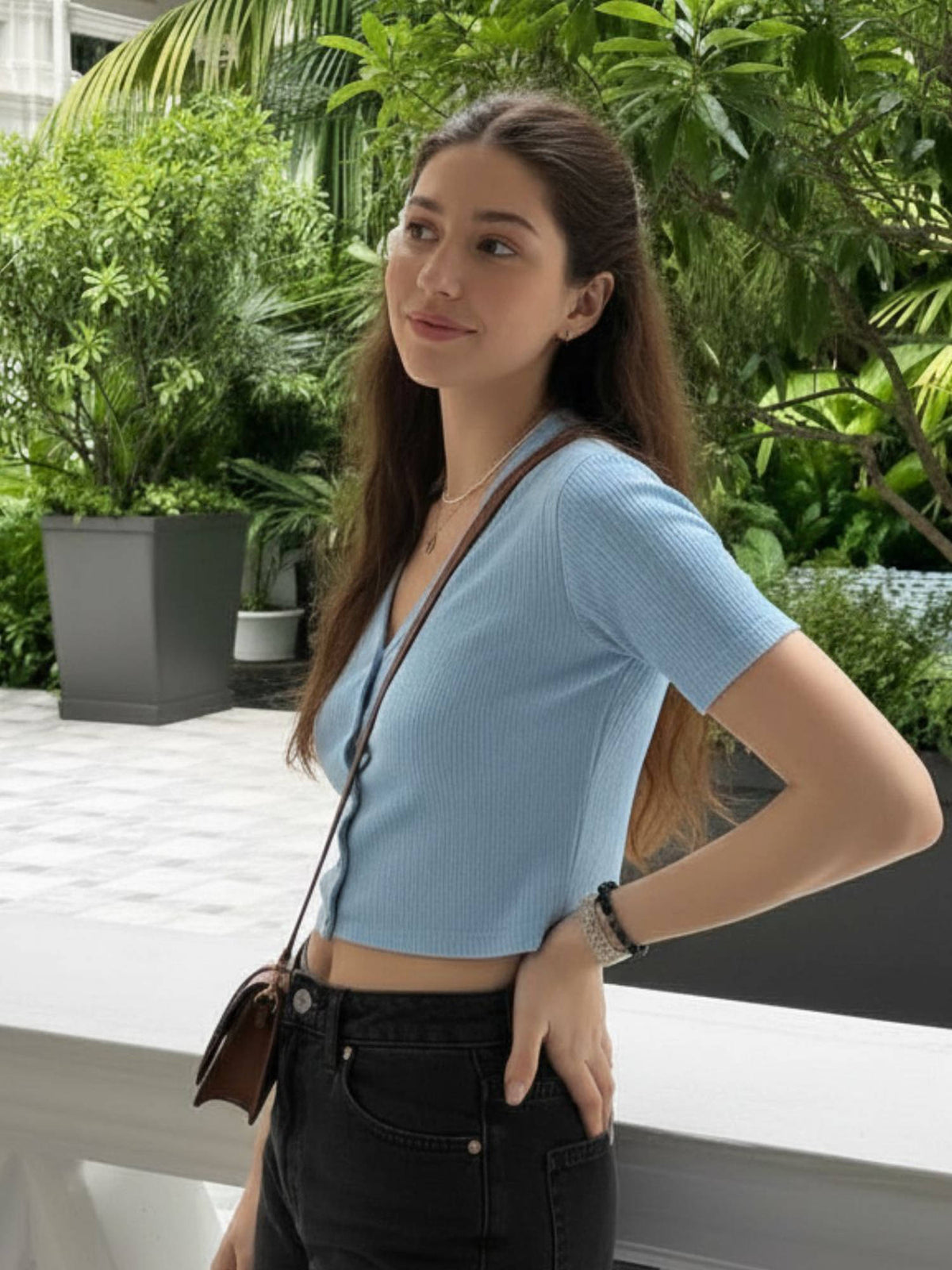 Women Steel Blue Solid Drop Needle Half Sleeves Crop Top | CT61 - view 3