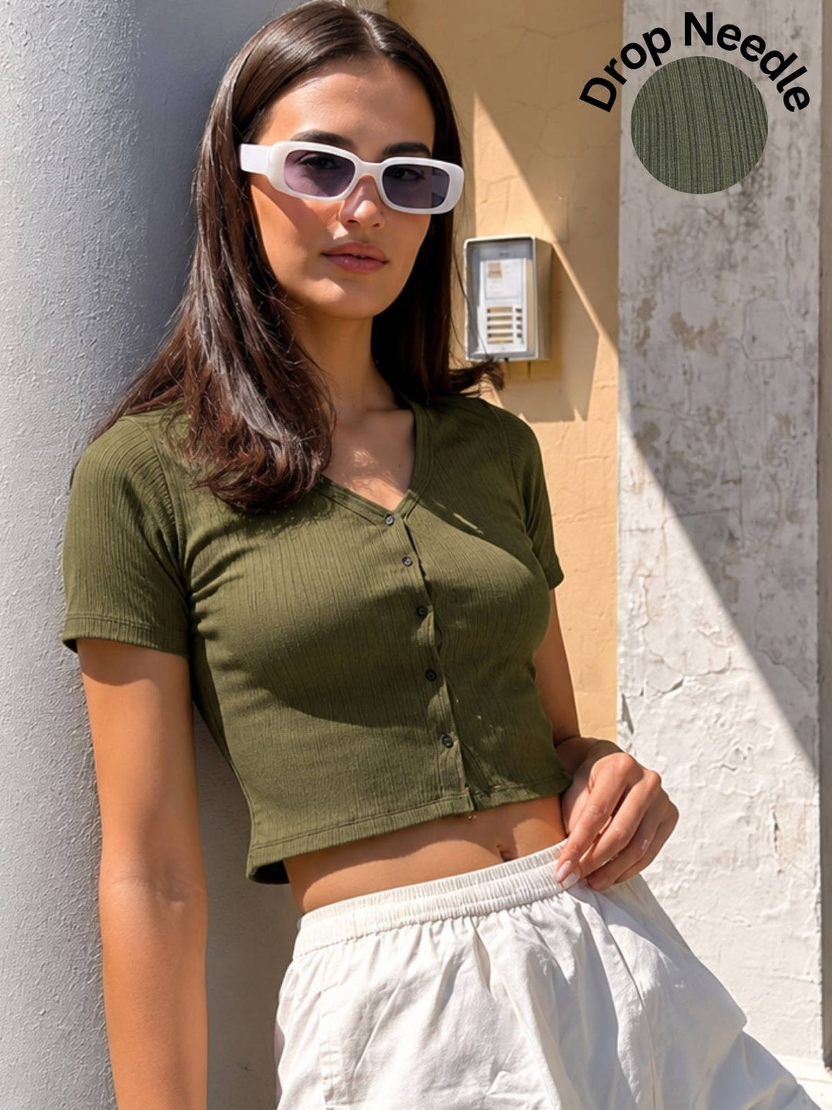 Women Olive Solid Drop Needle Half Sleeves Crop Top | CT61 - view 1