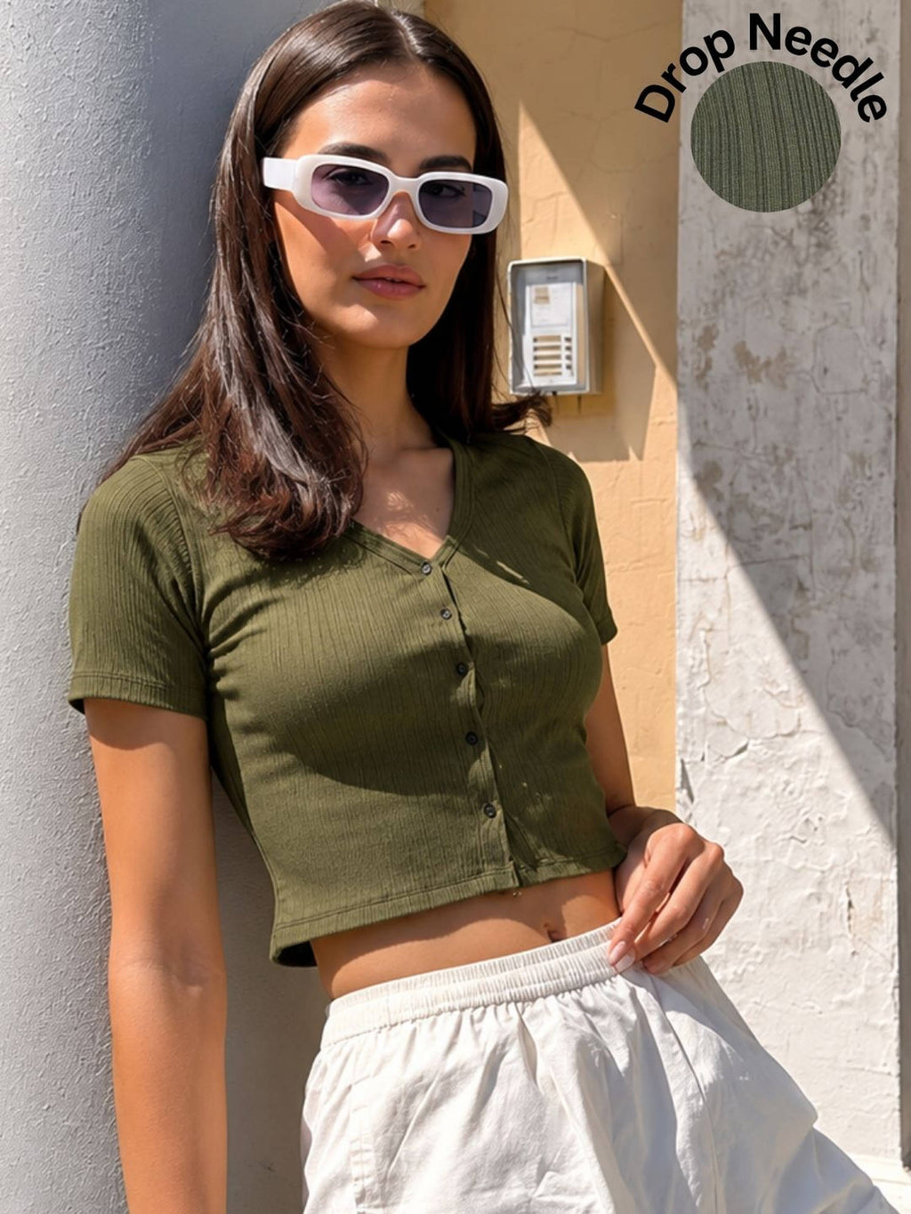 Women Steel Blue Solid Drop Needle Half Sleeves Crop Top | CT61 - view 6