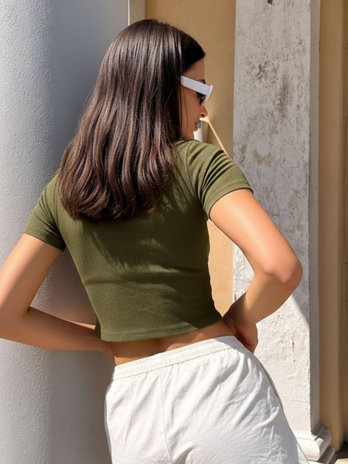 Women Olive Solid Drop Needle Half Sleeves Crop Top | CT61 - view 2