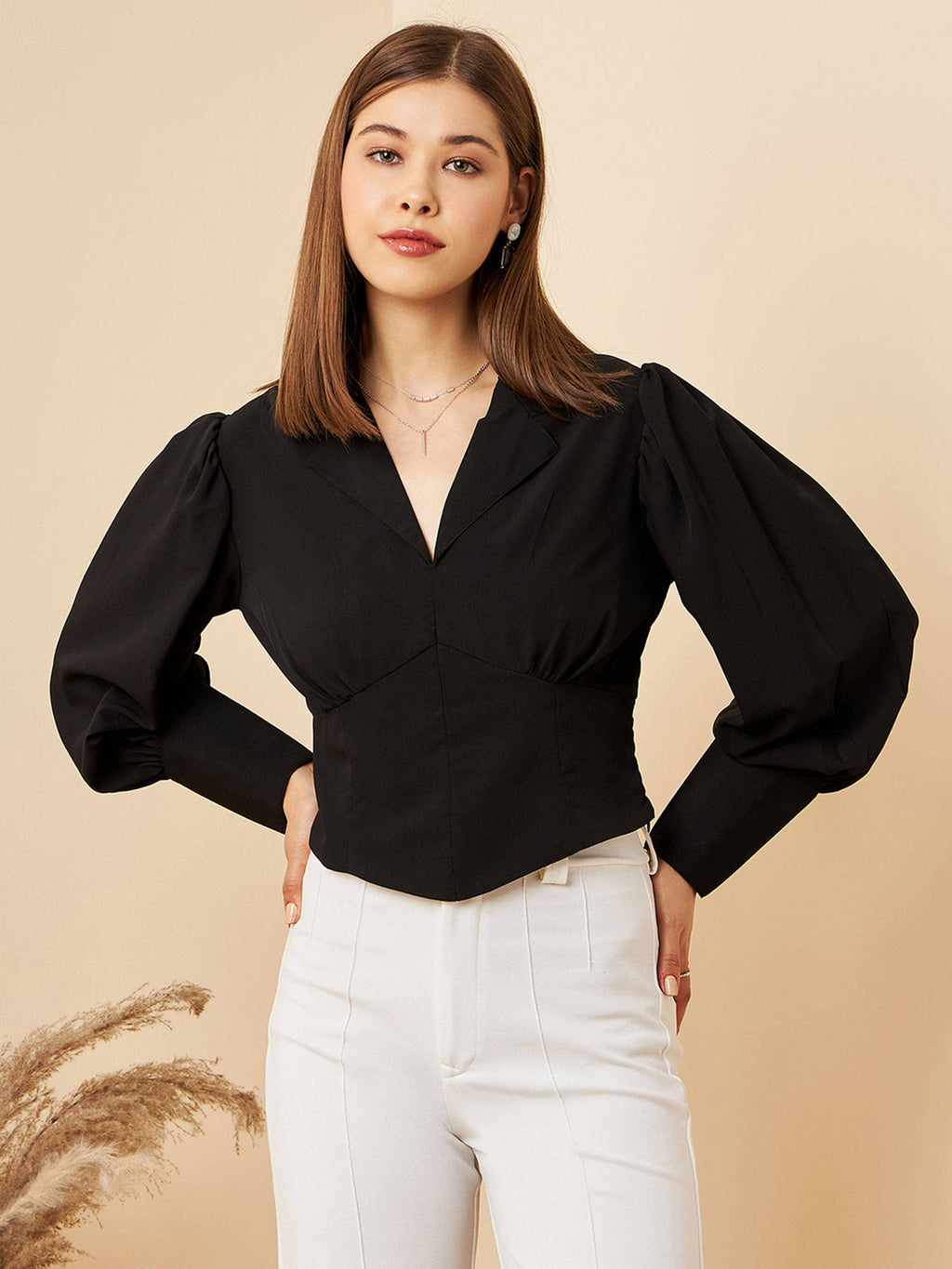 Women Casual Black Colour Notched Lapel Solid Regular Top | CT61 - view 1