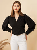 Women Casual Black Colour Notched Lapel Solid Regular Top | CT61 - view 1