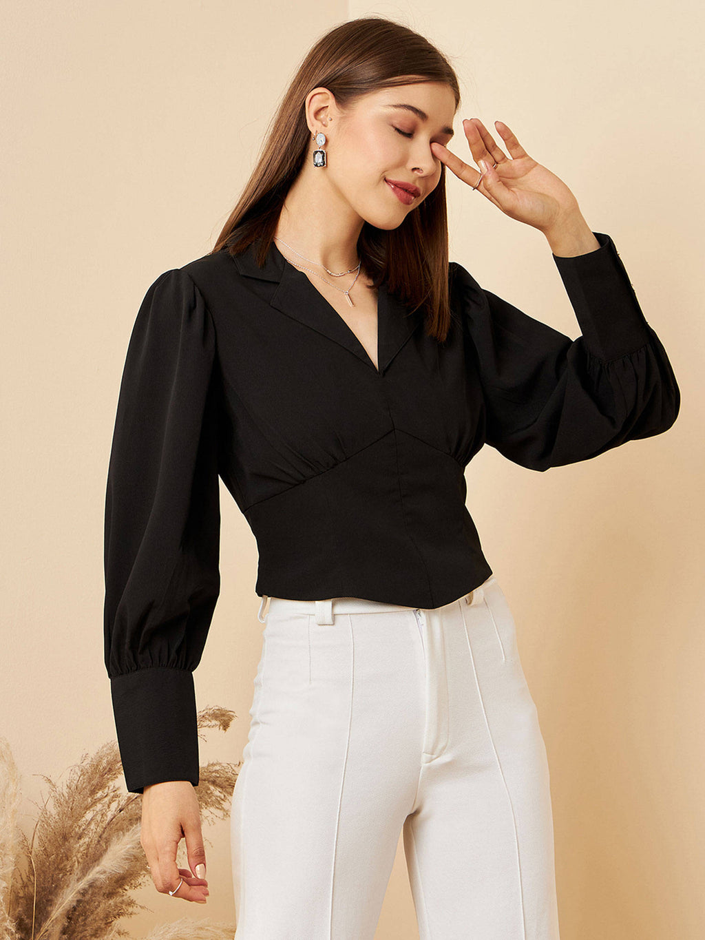 Women Casual Black Colour Notched Lapel Solid Regular Top | CT61 - view 2