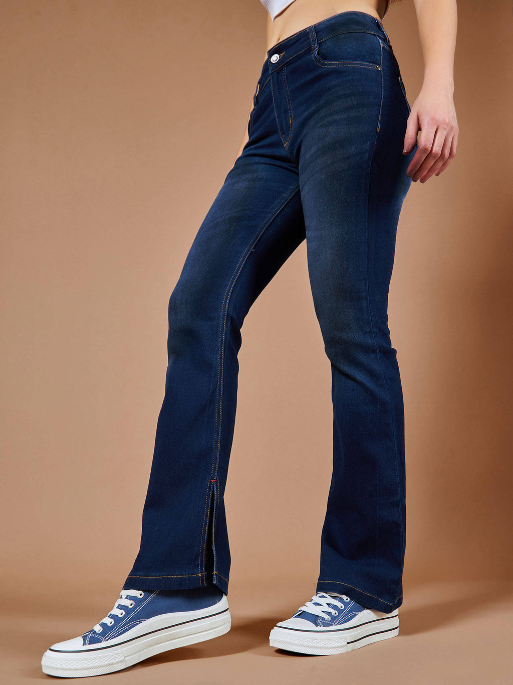 Womens Blue Bootcut Mid Rise Denim Stretchable Jeans | BT10 - view 2