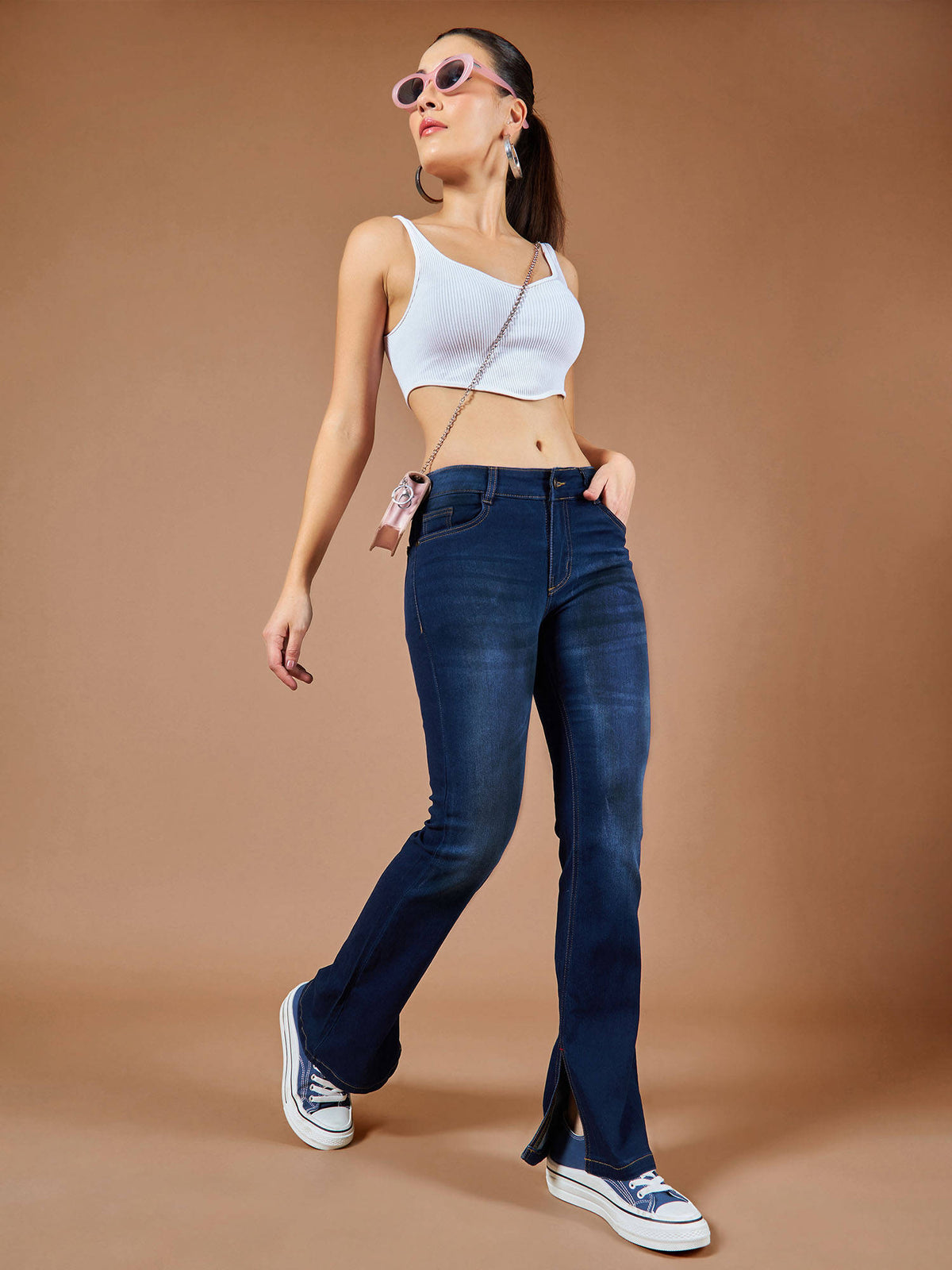 Womens Blue Bootcut Mid Rise Regular Length Denim Stretchable Jeans | BT10 - view 3