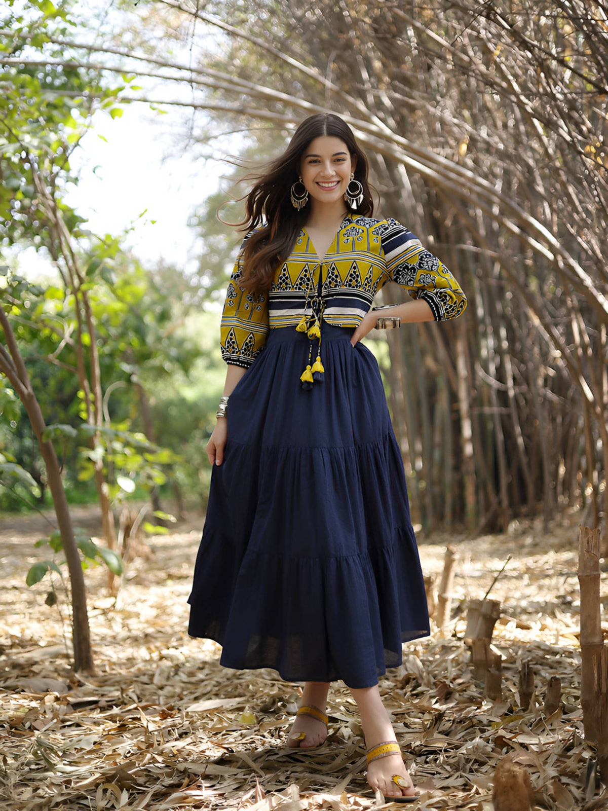 Yellow Solid Cotton Tiered Maxi Dress With Ethnic Jacket | D56 - view 1