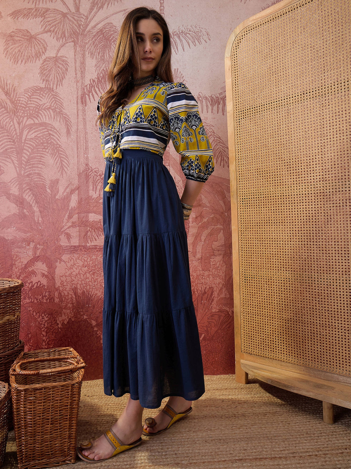 Yellow Solid Cotton Tiered Maxi Dress With Ethnic Jacket | D56 - view 2