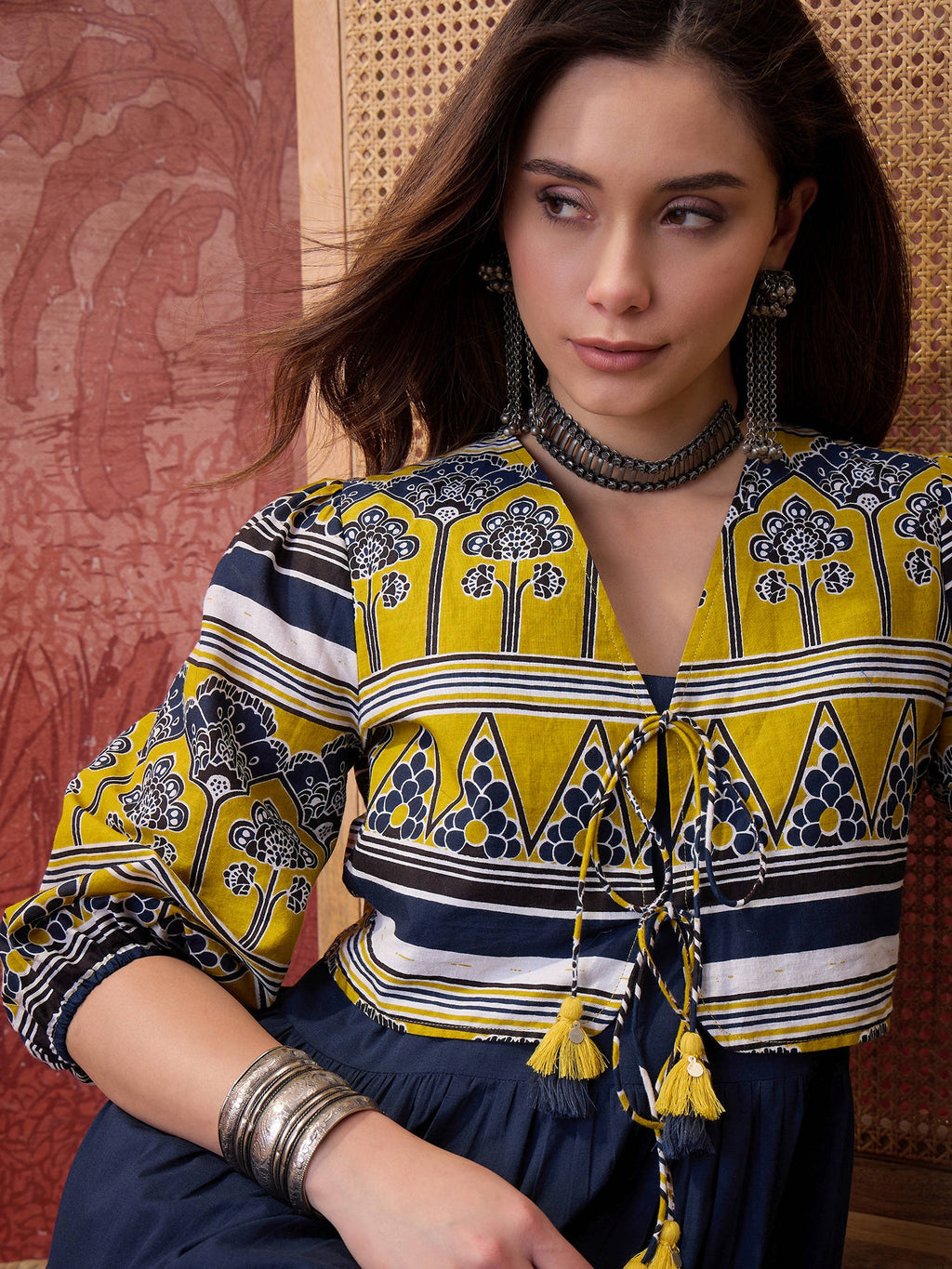 Yellow Solid Cotton Tiered Maxi Dress With Ethnic Jacket | D56 - view 3