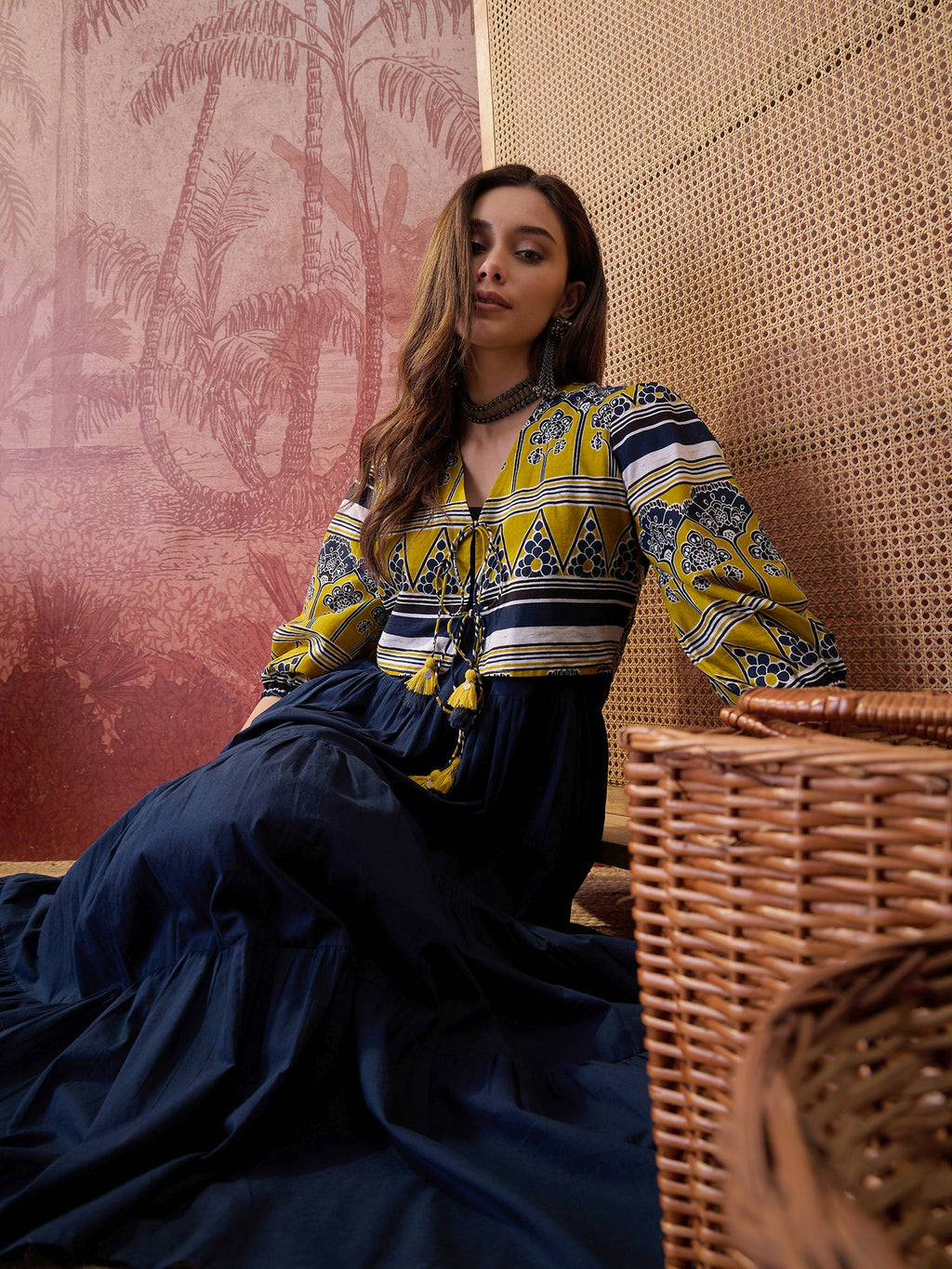 Yellow Solid Cotton Tiered Maxi Dress With Ethnic Jacket | D56 - view 4