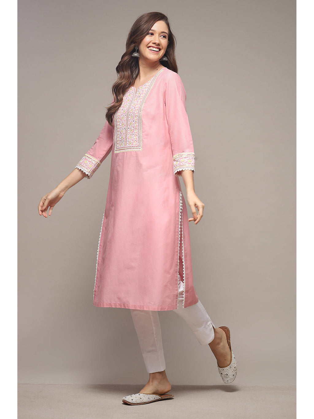 Womens Pink Solid Embroidered Cotton Straight Kurta | FY93 - view 1