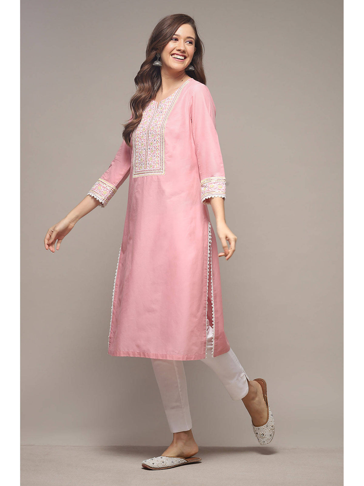 Womens Pink Solid Embroidered Cotton Straight Kurta | FY93 - view 1