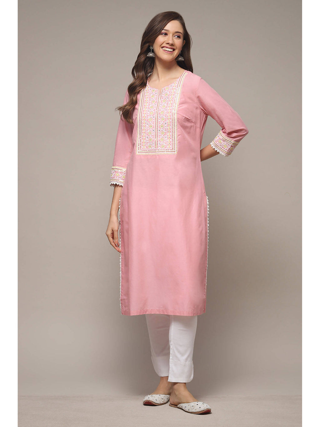 Womens Pink Solid Embroidered Cotton Straight Kurta | FY93 - view 2