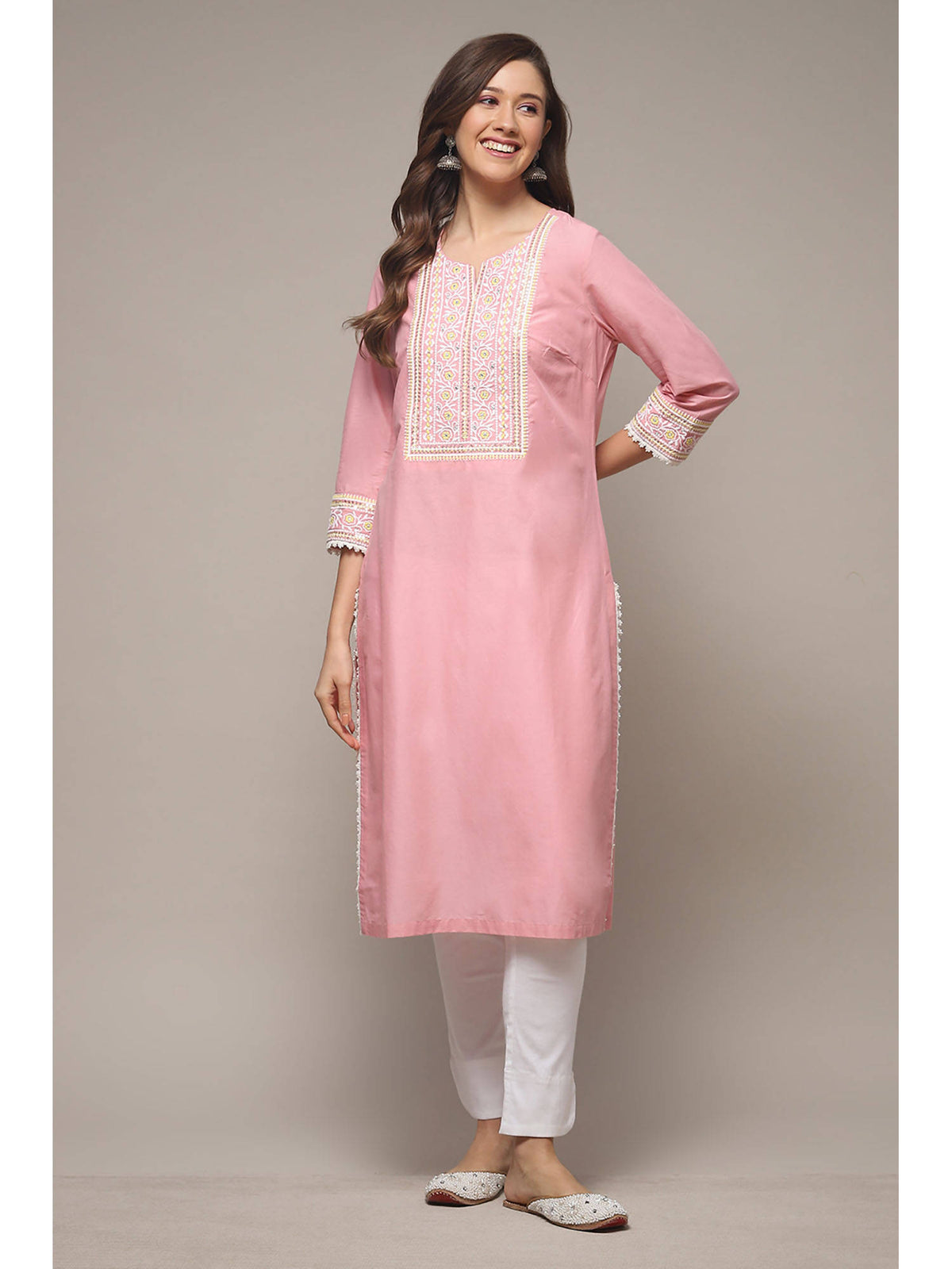 Womens Pink Solid Embroidered Cotton Straight Kurta | FY93 - view 2
