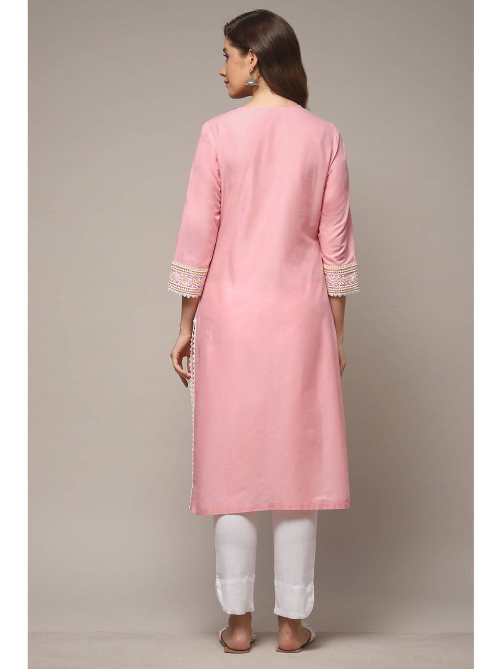 Womens Pink Solid Embroidered Cotton Straight Kurta | U3S - view 3