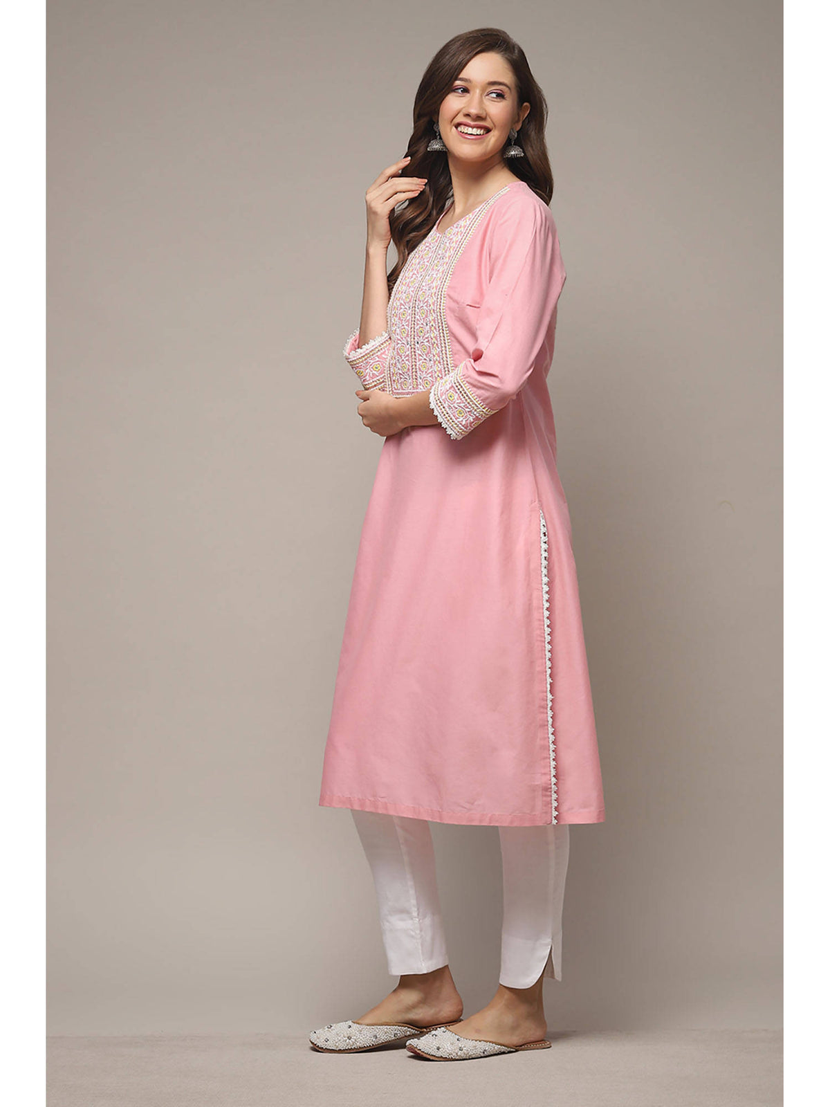 Womens Pink Solid Embroidered Cotton Straight Kurta | FY93 - view 4