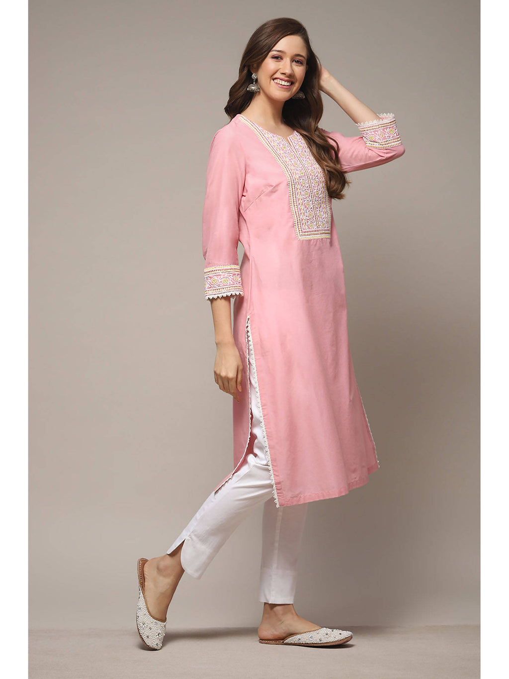 Womens Pink Solid Embroidered Cotton Straight Kurta | FY93 - view 5