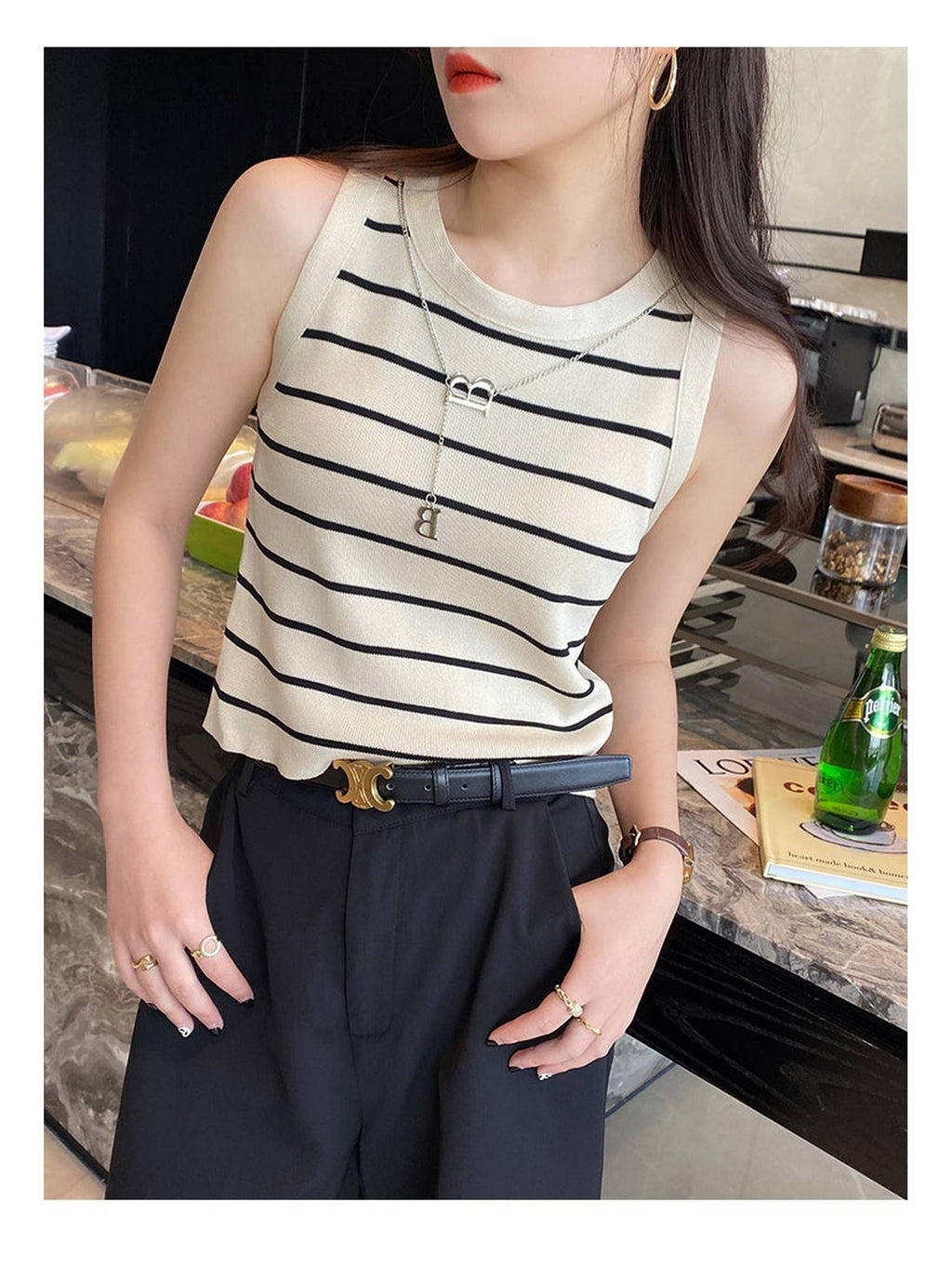 Off White Sleeveless Basic Striped Tank Top | TT98 - view 1