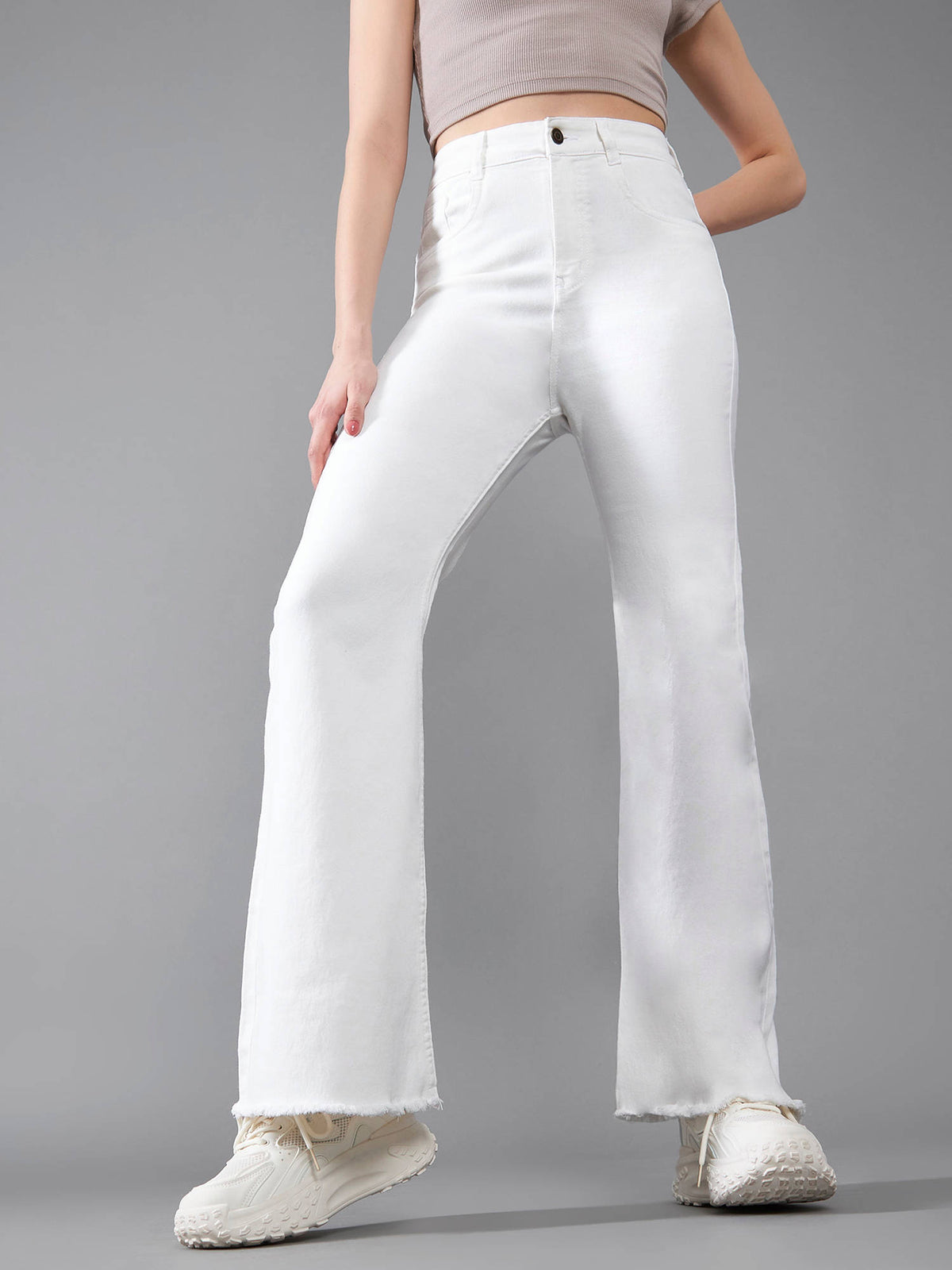 Womens White Bootcut High Rise Clean Look Regular-Length Stretchable Denim Jeans | BT10 - view 2
