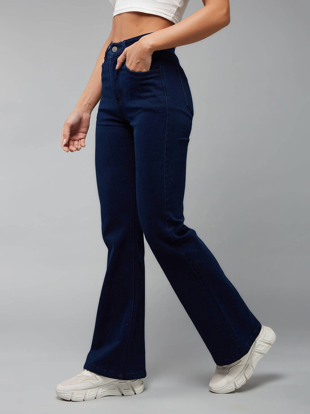 Womens Navy Blue Bootcut Clean Look Stretchable Shaping Denim Jeans | BT10 - view 3