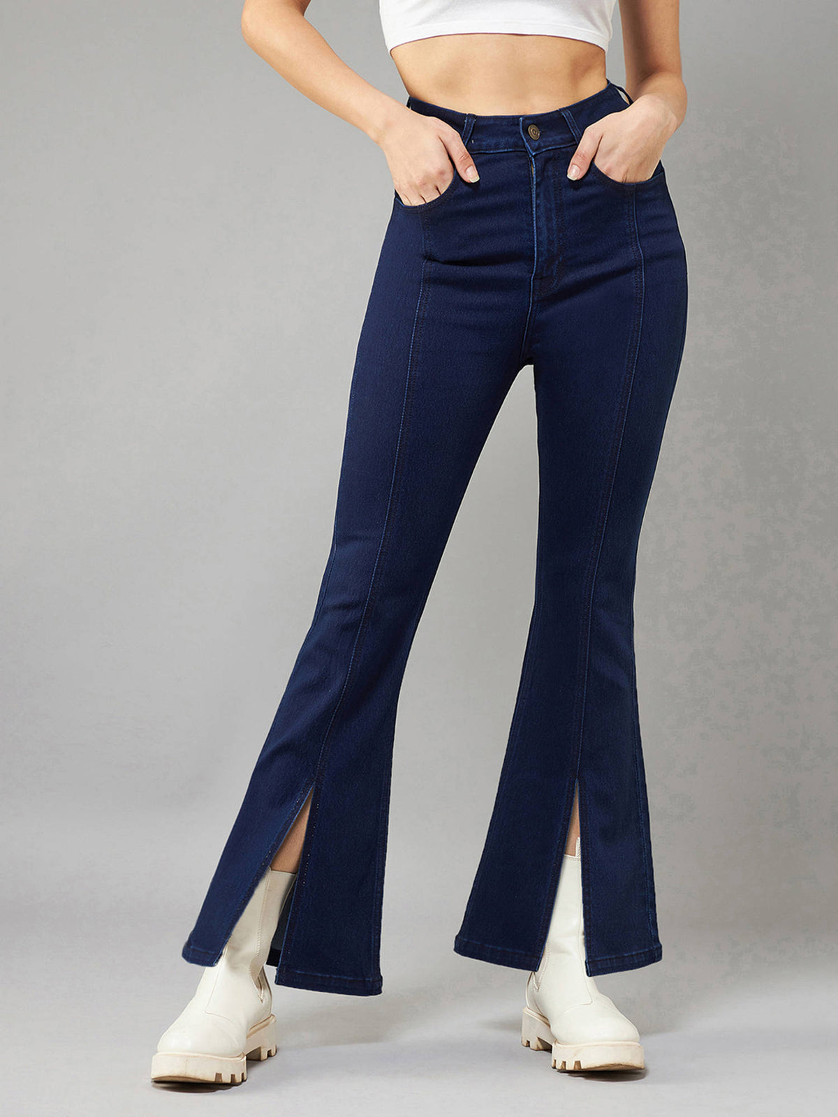 Womens Navy Blue Bootcut High Rise Clean Look Regular Stretchable Denim Jeans | BT10 - view 2