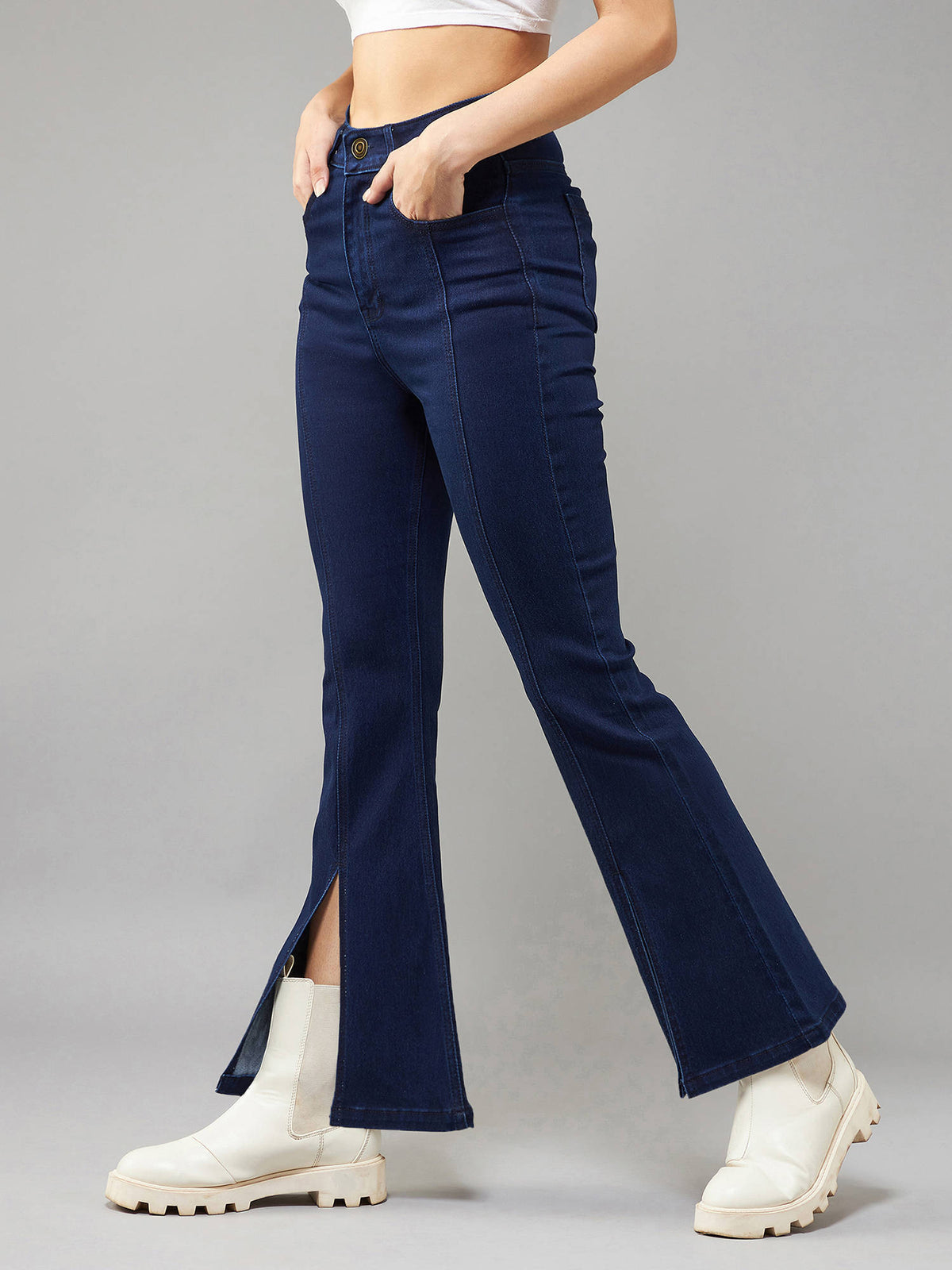 Womens Navy Blue Bootcut High Rise Clean Look Regular Stretchable Denim Jeans | BT10 - view 3