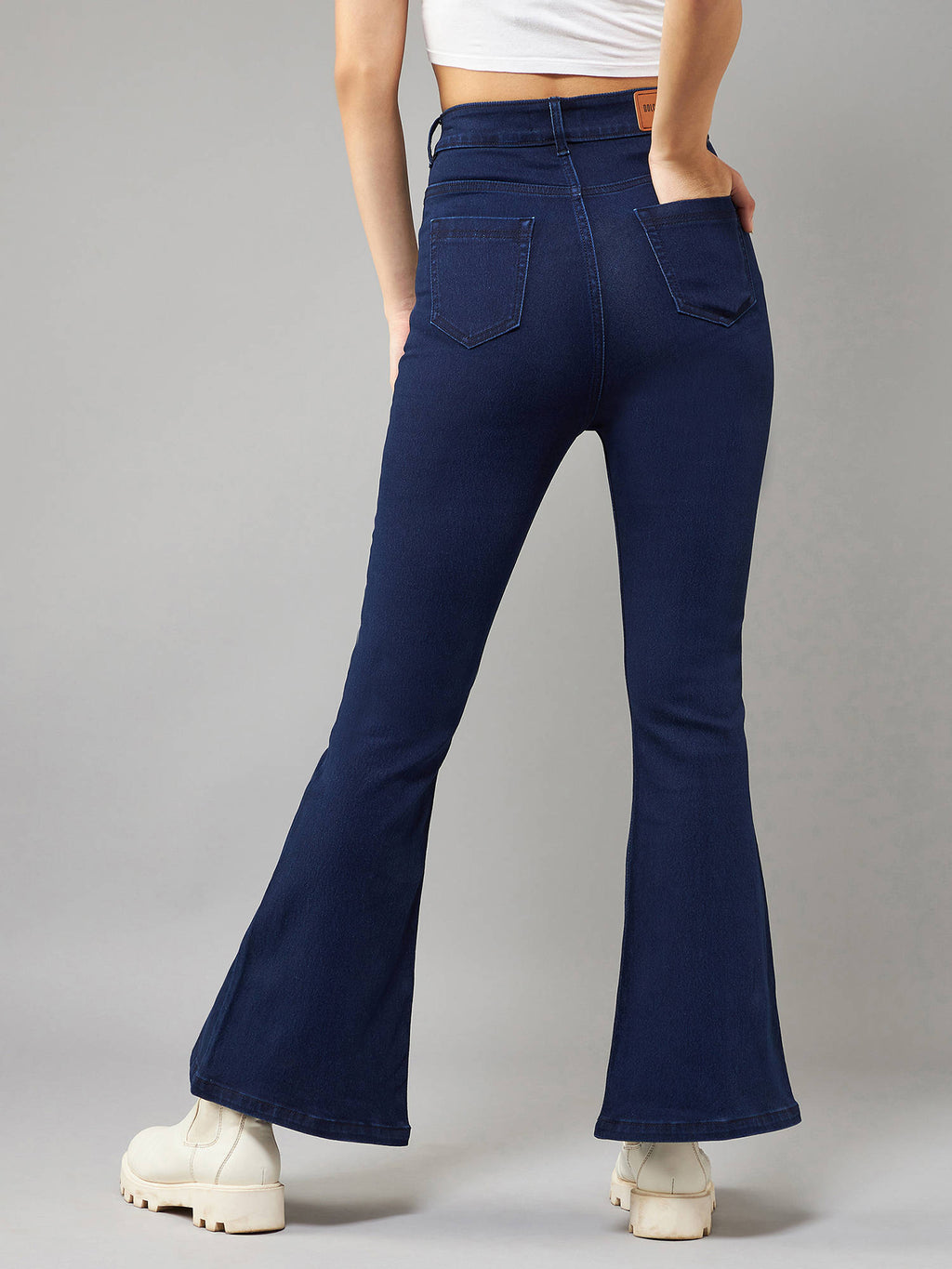 Womens Navy Blue Bootcut High Rise Clean Look Regular Stretchable Denim Jeans | BT10 - view 4