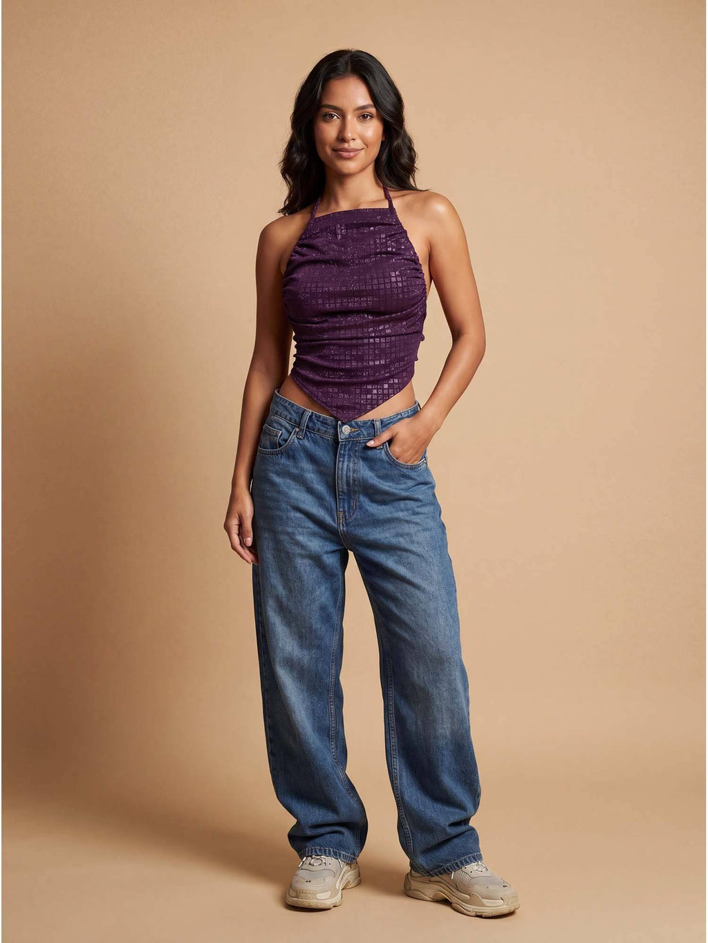 Purple Self Design Ruched Halter Neck Asymmetric Top | CT61 - view 1