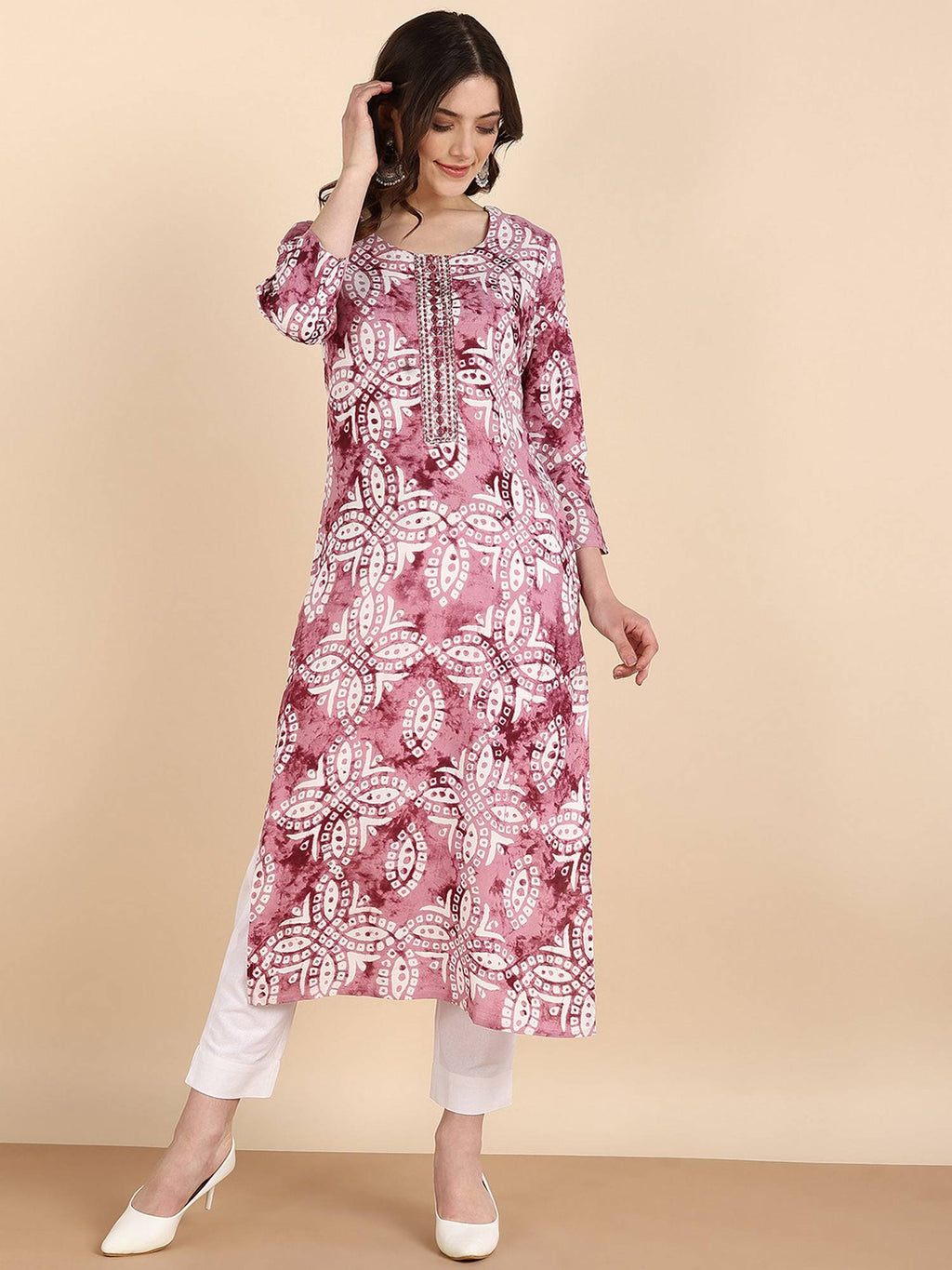Women Pink Rayon Straight Printed Kurta | FY93 - view 2