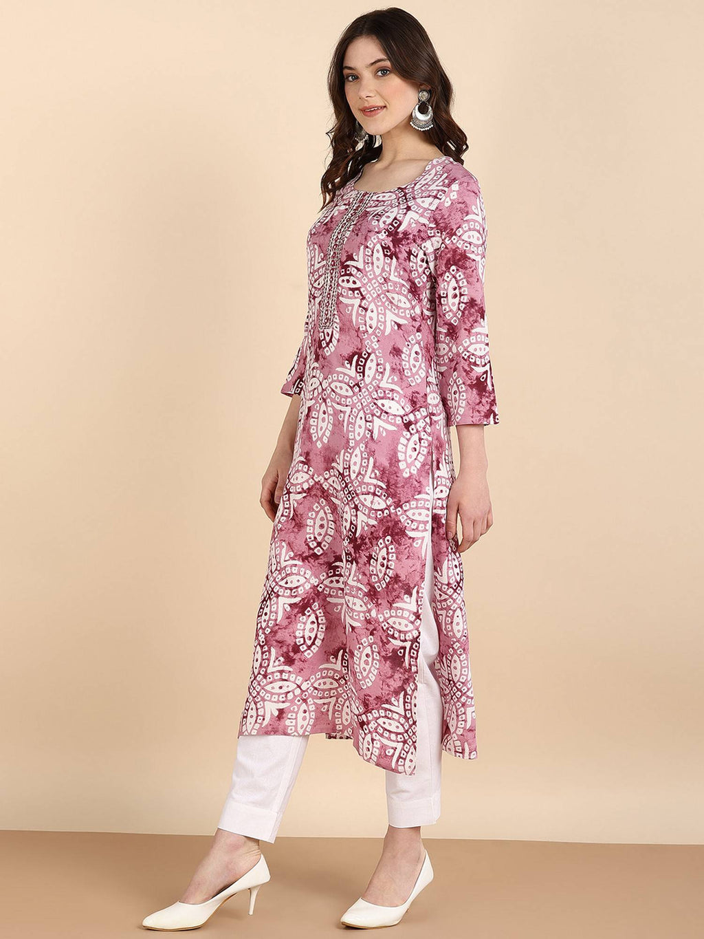 Women Pink Rayon Straight Printed Kurta | FY93 - view 4