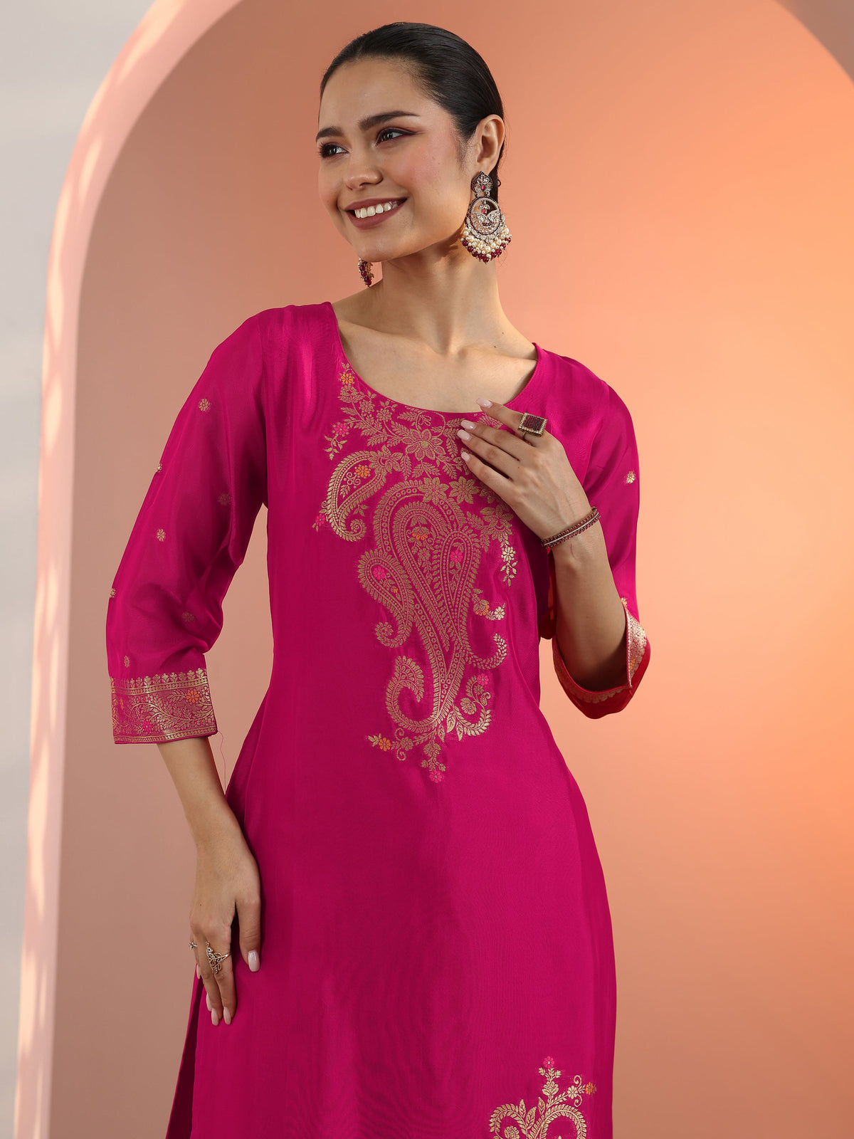 Libas Pink Woven Design Silk Blend Straight Suit Set With Dupatta