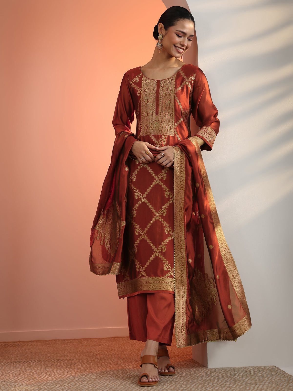 Libas Rust Woven Design Silk Blend Straight Suit Set With Dupatta