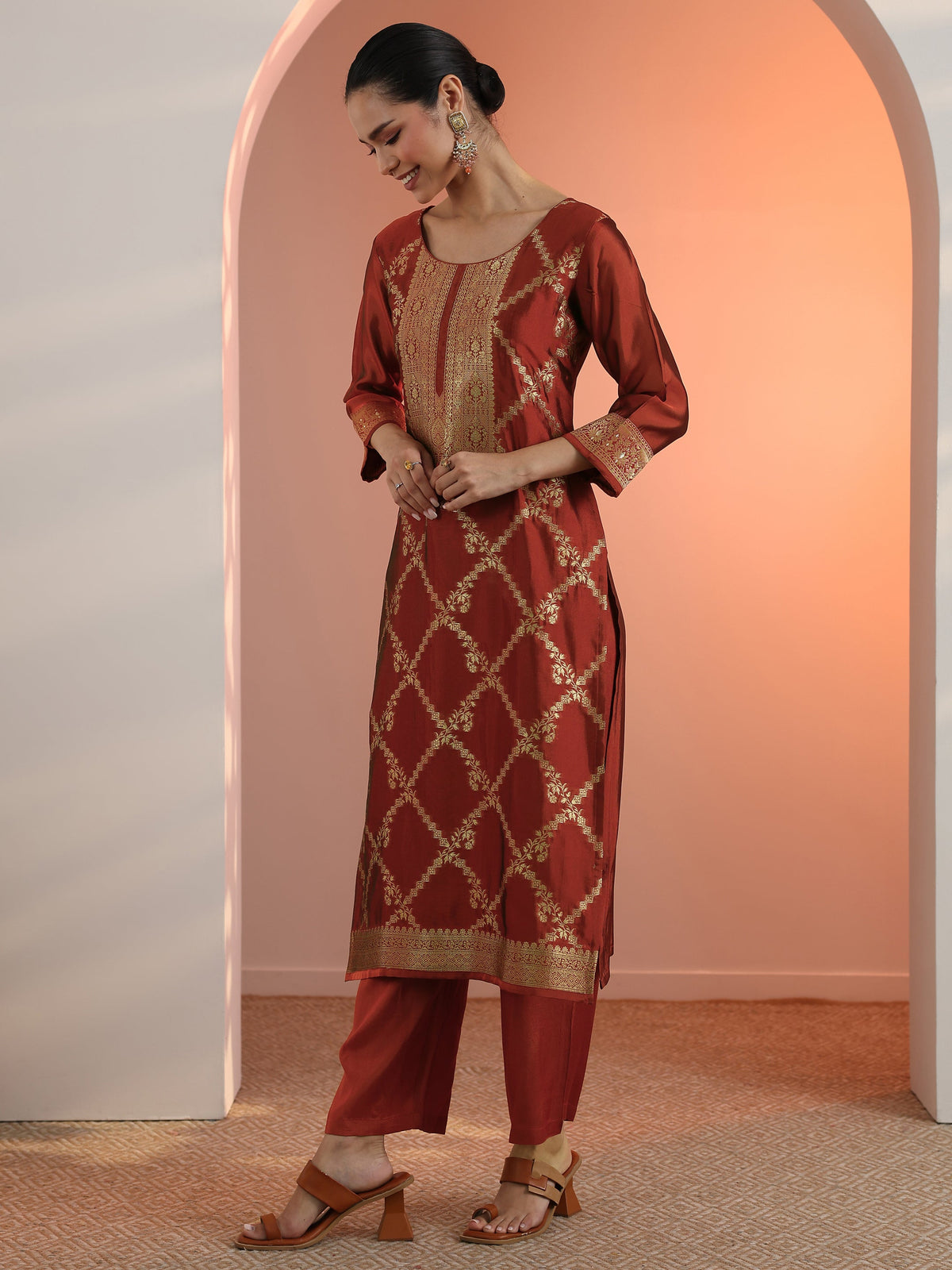 Libas Rust Woven Design Silk Blend Straight Suit Set With Dupatta