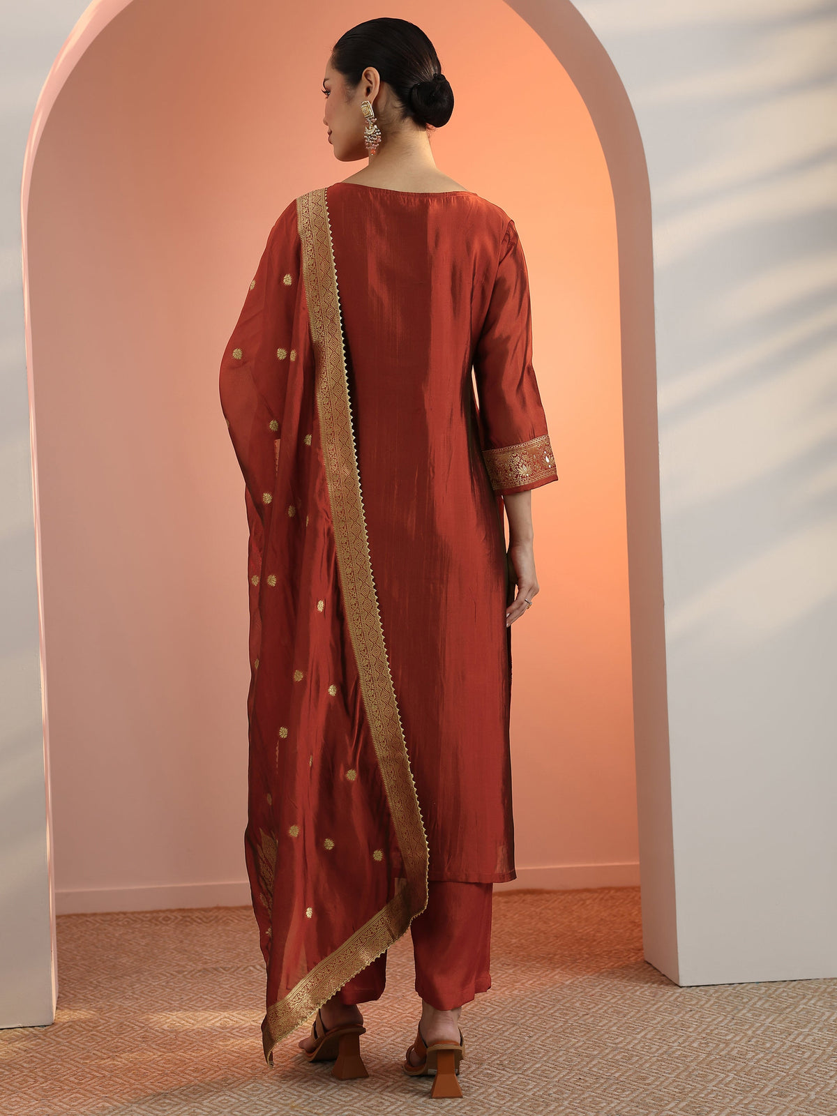 Libas Rust Woven Design Silk Blend Straight Suit Set With Dupatta