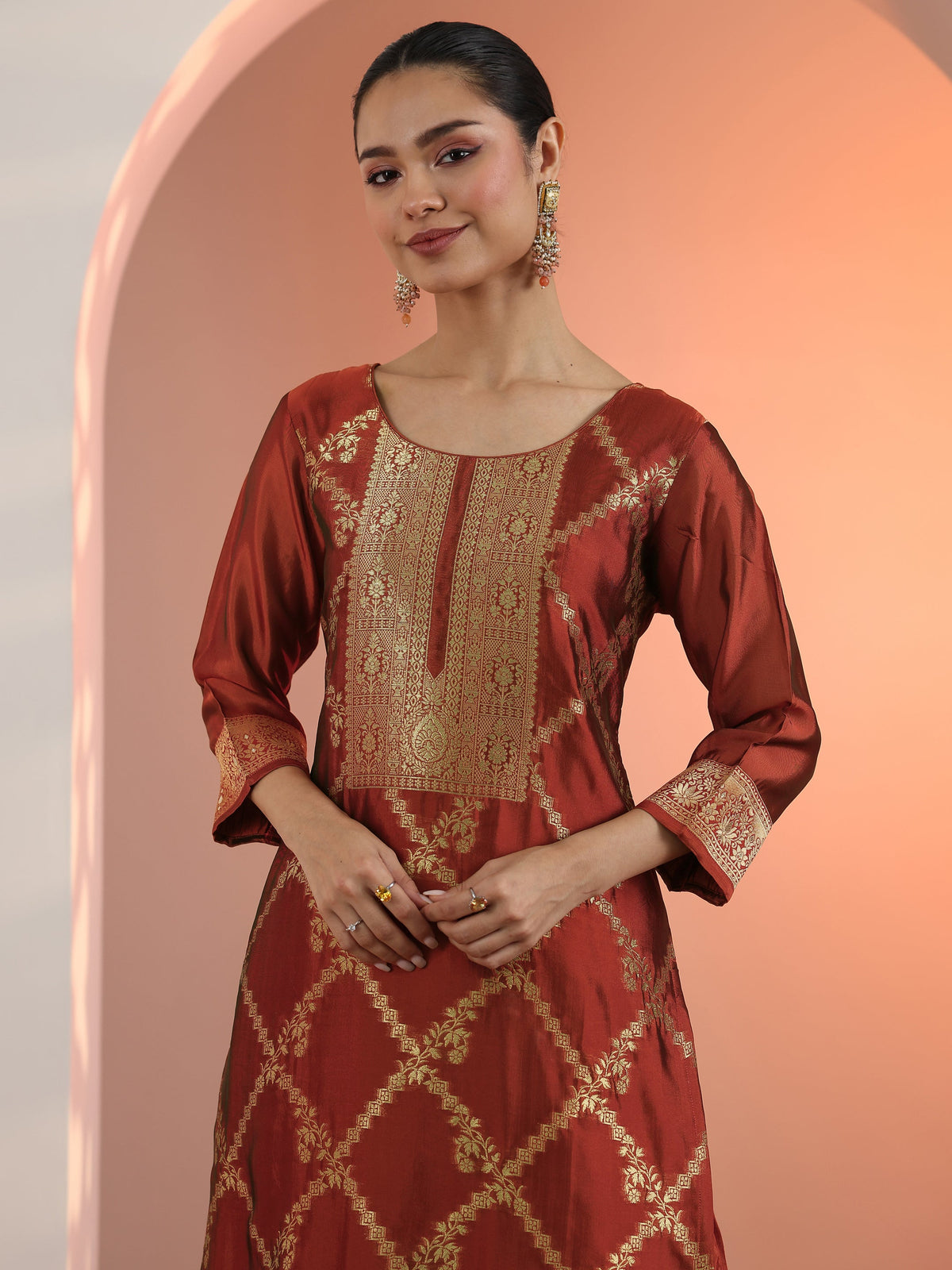 Libas Rust Woven Design Silk Blend Straight Suit Set With Dupatta