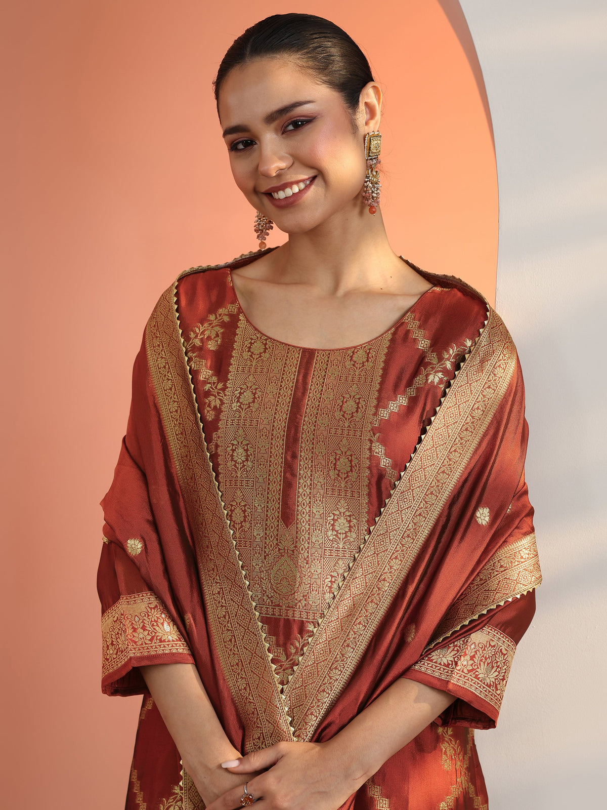 Libas Rust Woven Design Silk Blend Straight Suit Set With Dupatta