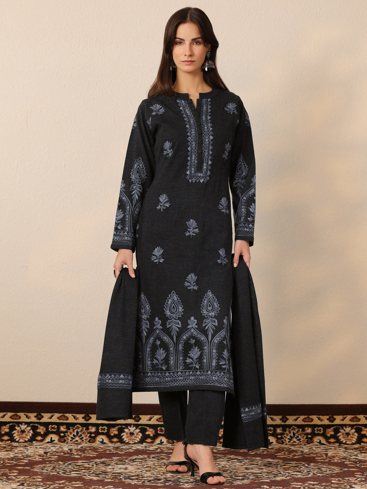 Libas Grey Embroidered Wool Straight Suit Set With Dupatta