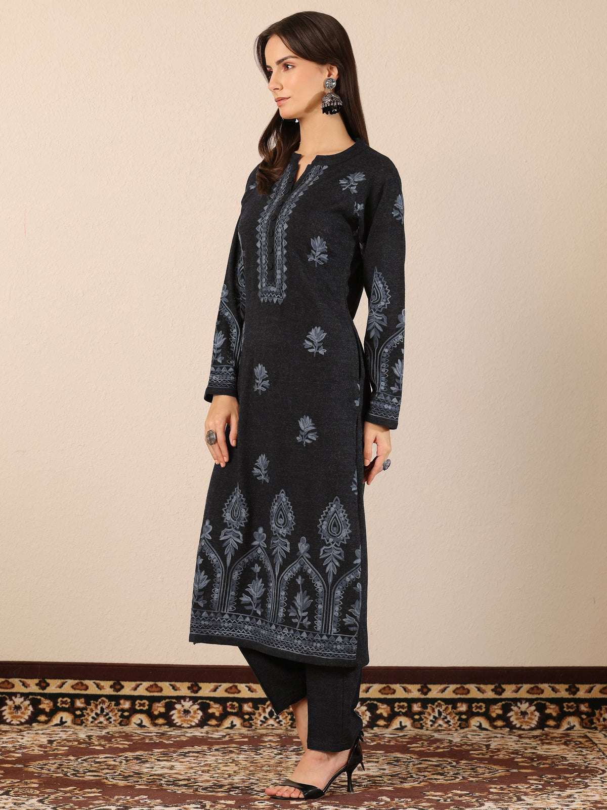 Libas Grey Embroidered Wool Straight Suit Set With Dupatta