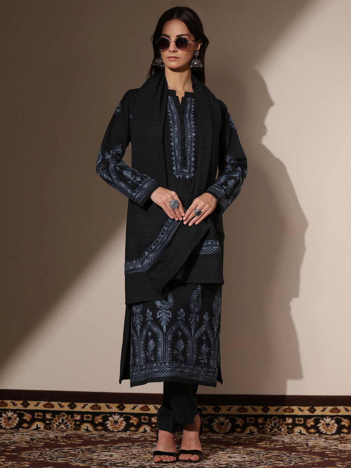 Libas Grey Embroidered Wool Straight Suit Set With Dupatta