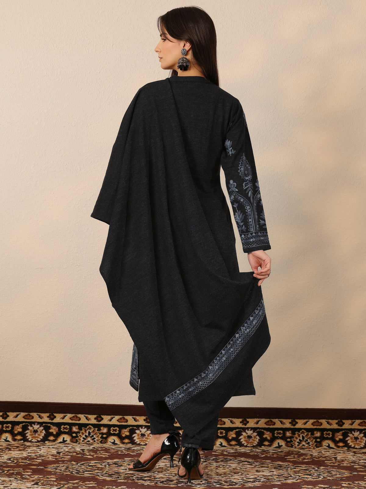 Libas Grey Embroidered Wool Straight Suit Set With Dupatta