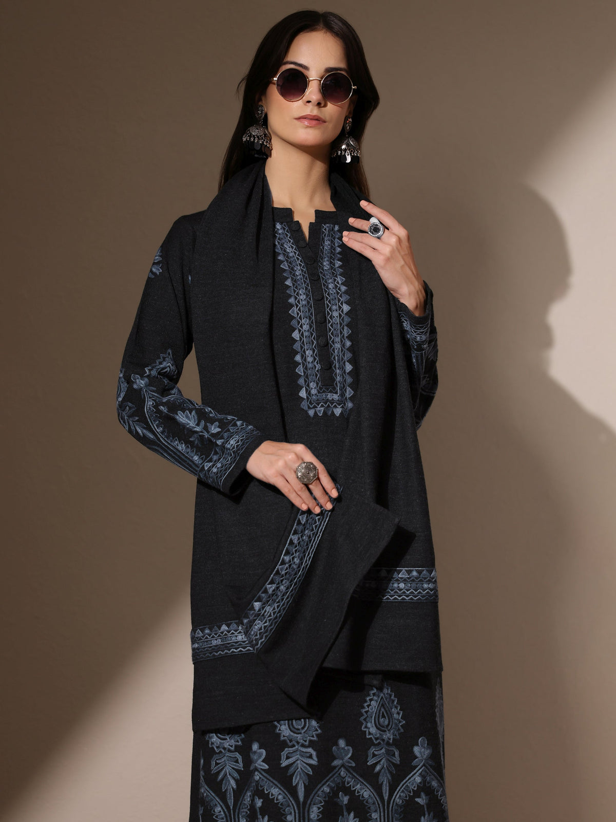 Libas Grey Embroidered Wool Straight Suit Set With Dupatta