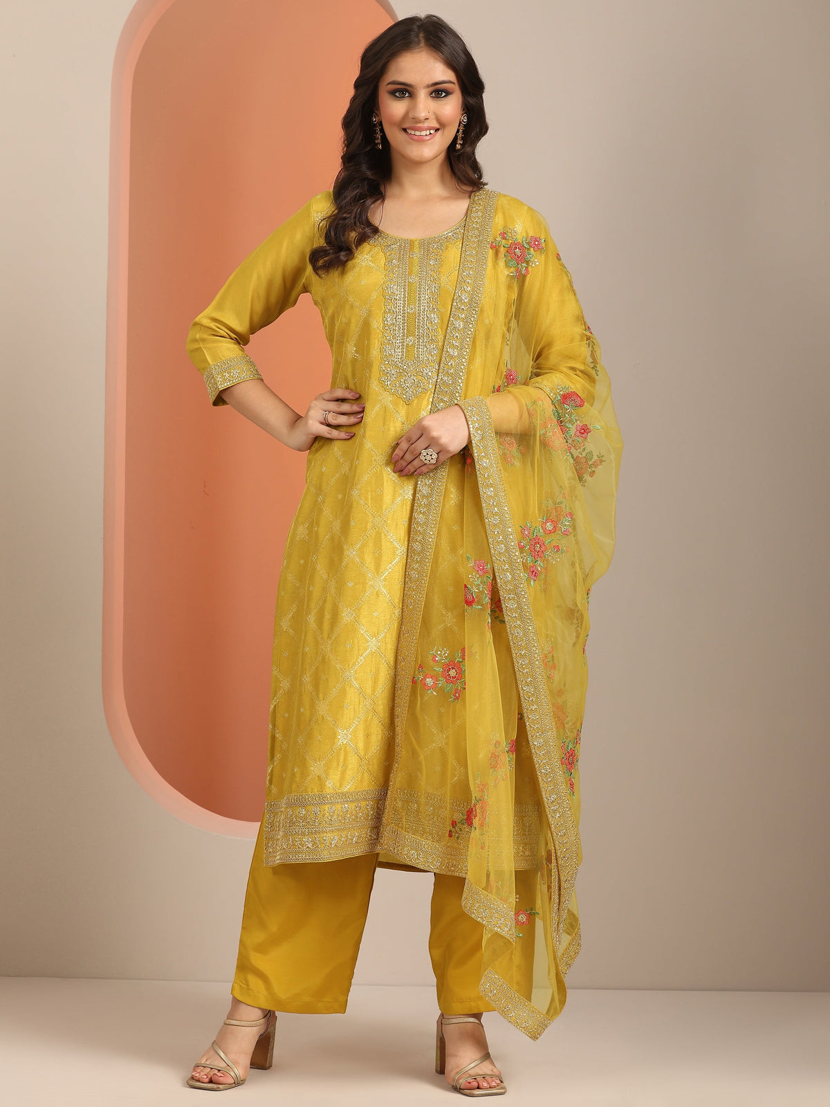 Libas Yellow Woven Design Silk Blend Straight Suit Set With Dupatta