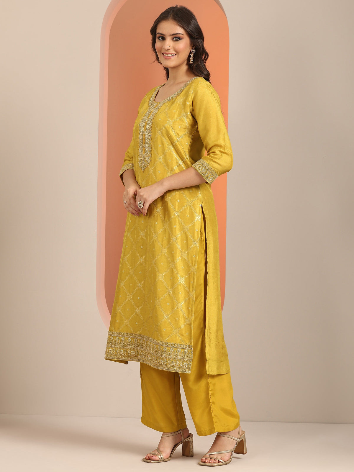 Libas Yellow Woven Design Silk Blend Straight Suit Set With Dupatta