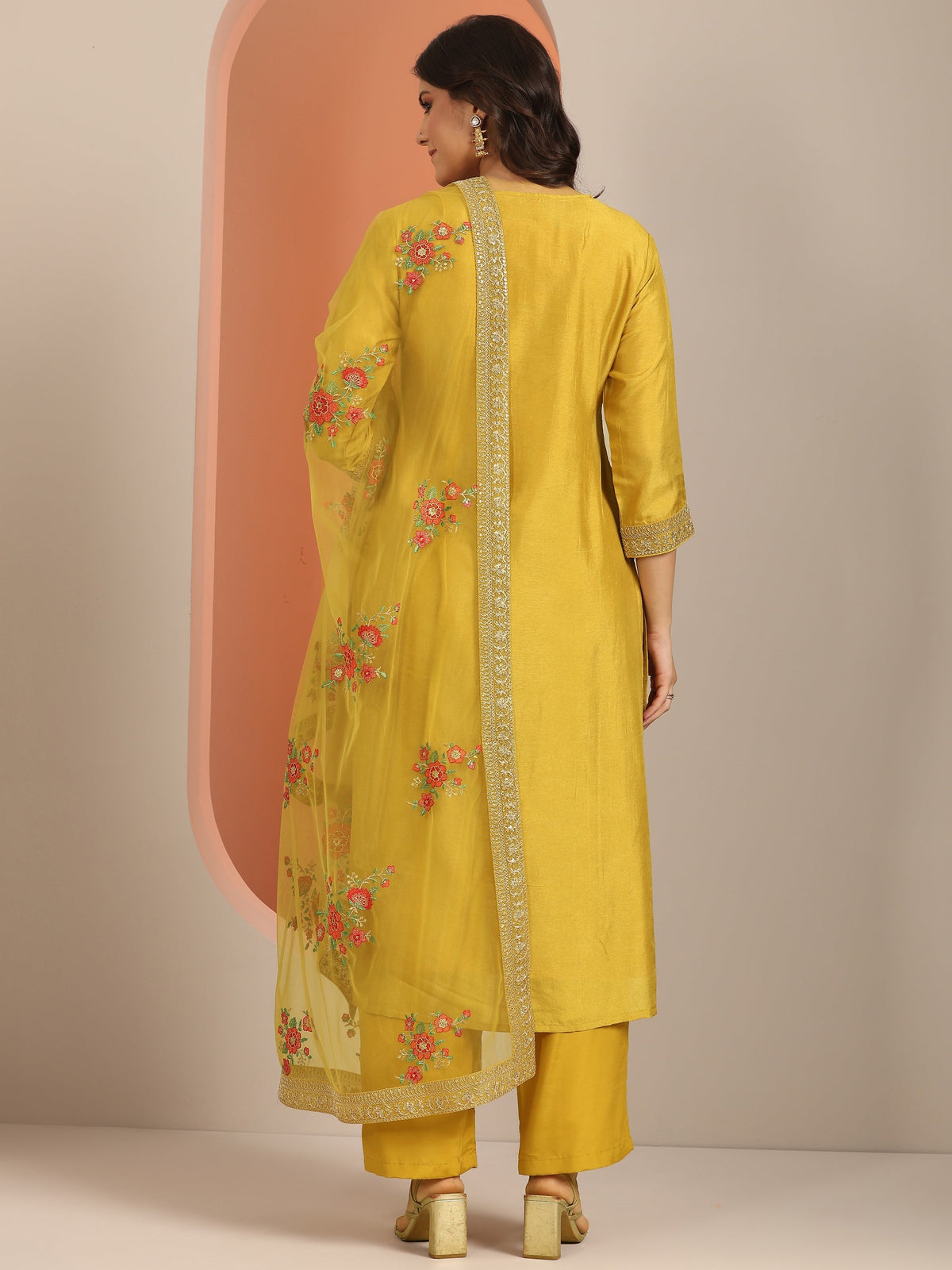Libas Yellow Woven Design Silk Blend Straight Suit Set With Dupatta