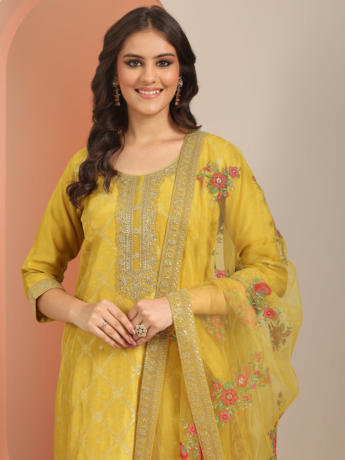 Libas Yellow Woven Design Silk Blend Straight Suit Set With Dupatta