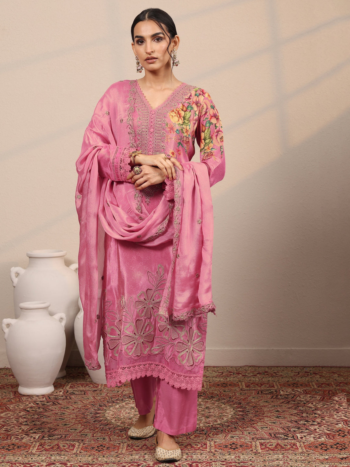 Libas Pink Embroidered Crepe Straight Suit Set With Dupatta