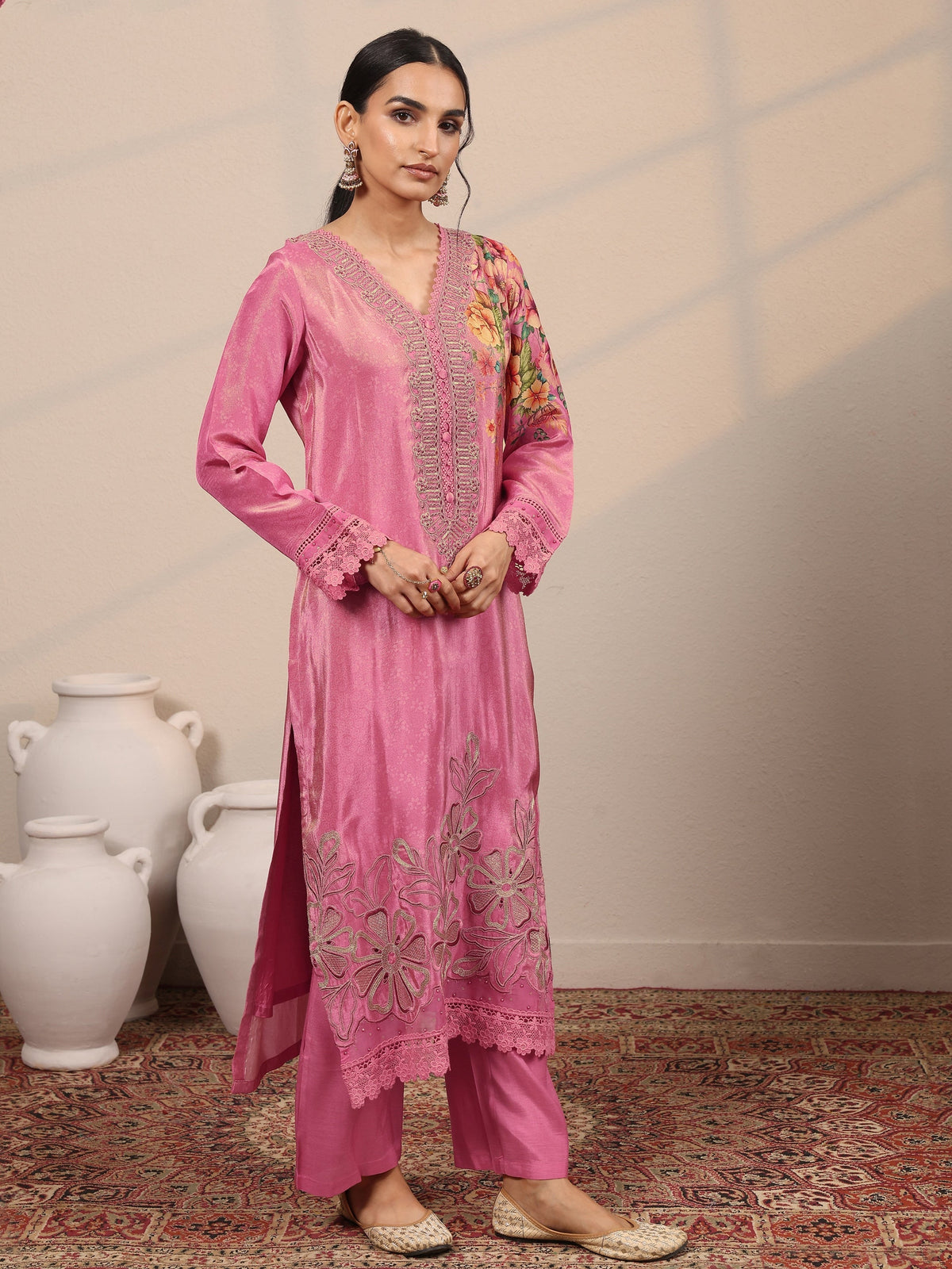 Libas Pink Embroidered Crepe Straight Suit Set With Dupatta