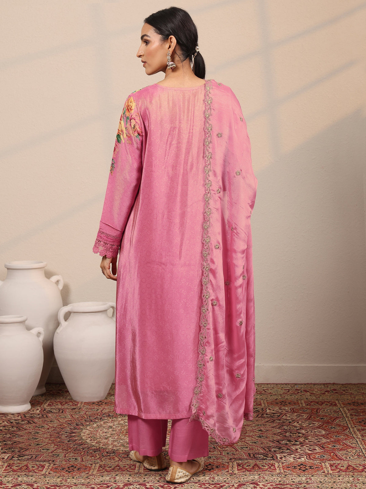 Libas Pink Embroidered Crepe Straight Suit Set With Dupatta