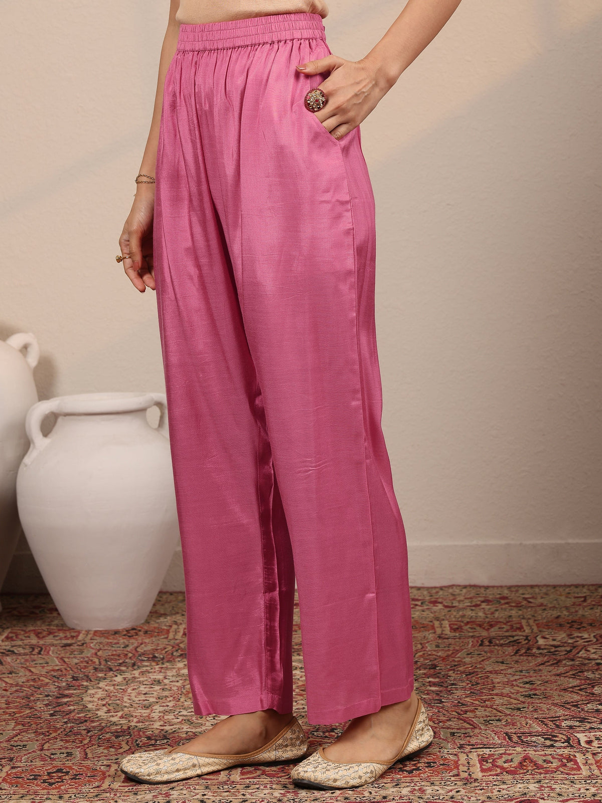 Libas Pink Embroidered Crepe Straight Suit Set With Dupatta