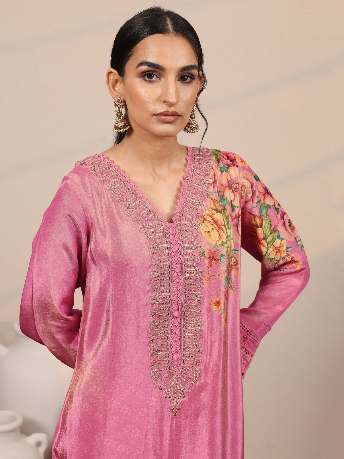 Libas Pink Embroidered Crepe Straight Suit Set With Dupatta